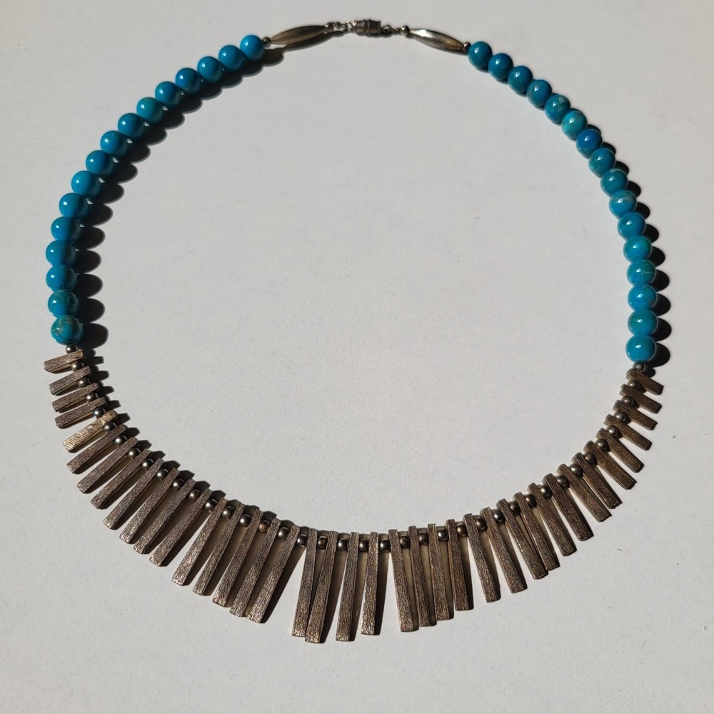 vintage Artisan Statement Turquoise Abalone Inlay Bib Necklace Blue Southwest - Picture 7 of 11